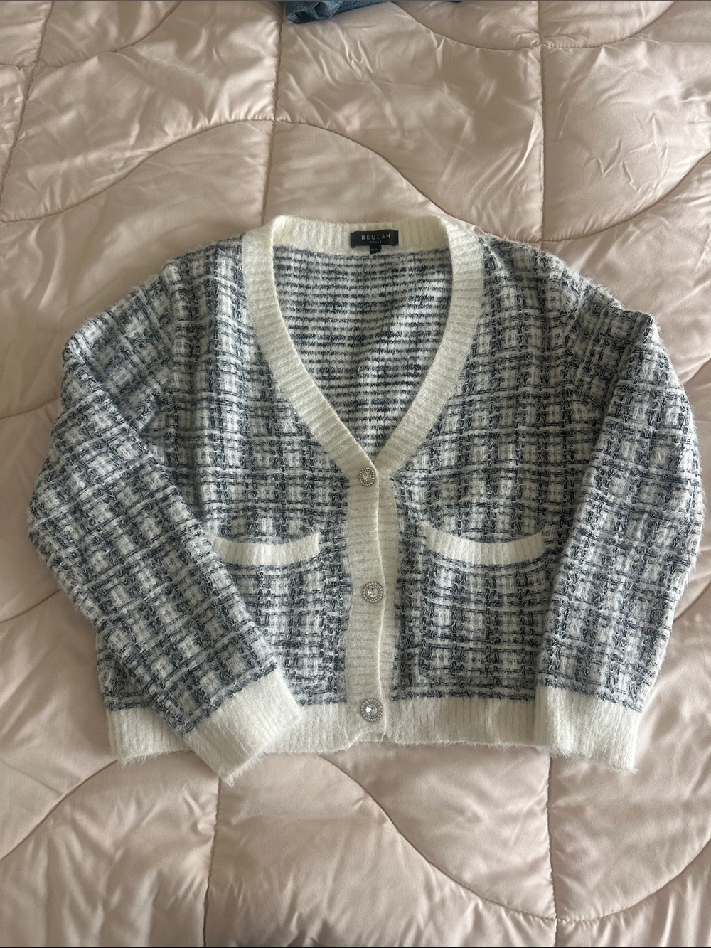 Beulah Cream & Gray Tweed V-Neck Cardigan